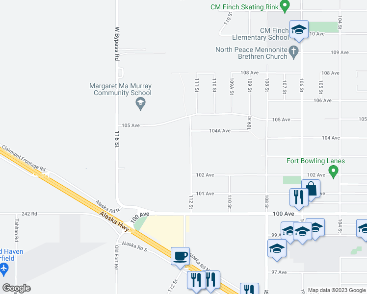 map of restaurants, bars, coffee shops, grocery stores, and more near 10304 112 Street in Fort St. John
