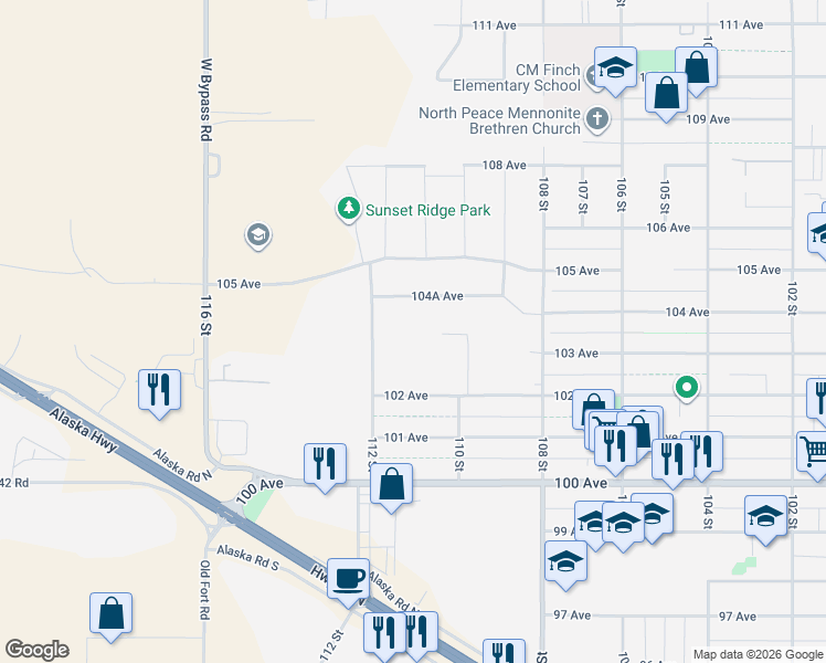 map of restaurants, bars, coffee shops, grocery stores, and more near 10307 112 Street in Fort St. John