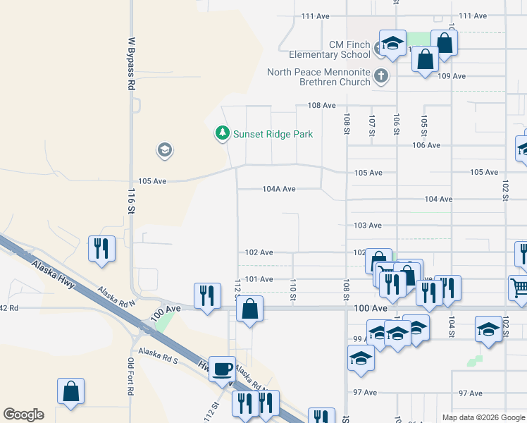 map of restaurants, bars, coffee shops, grocery stores, and more near 10307 112 Street in Fort St. John