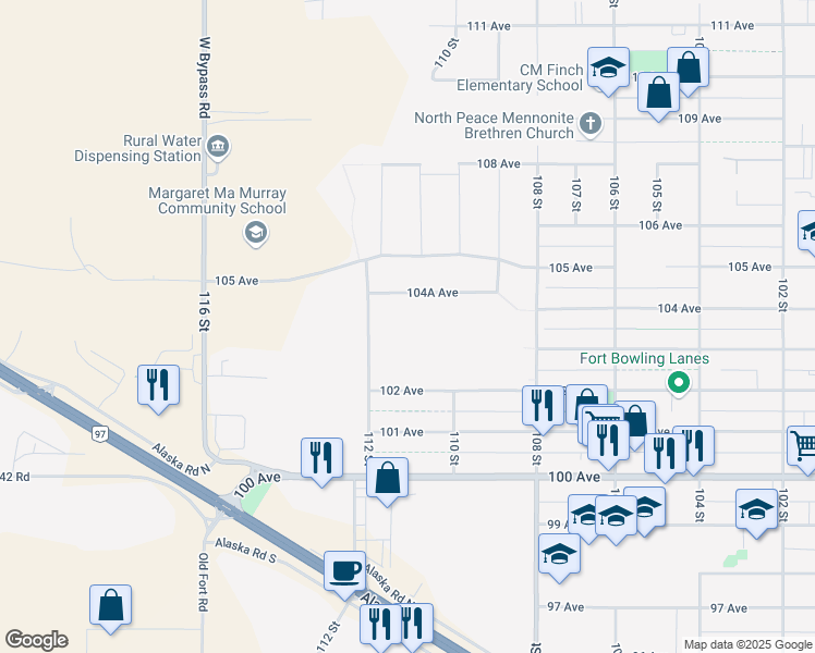 map of restaurants, bars, coffee shops, grocery stores, and more near 10307 112 Street in Fort St. John