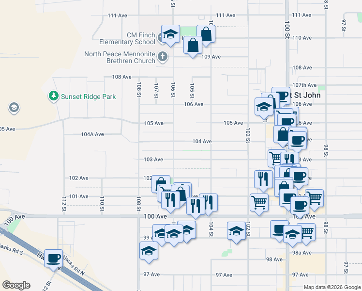 map of restaurants, bars, coffee shops, grocery stores, and more near 10515 104 Avenue in Fort St. John