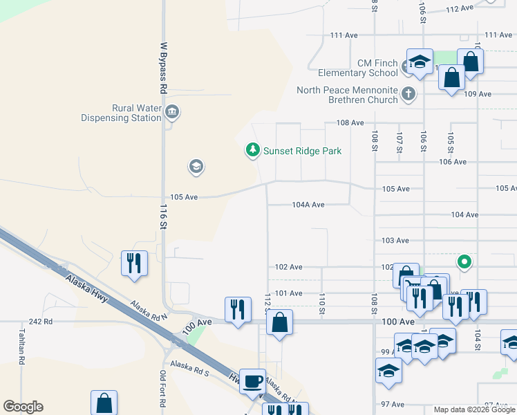 map of restaurants, bars, coffee shops, grocery stores, and more near 10304 112 Street in Fort St. John