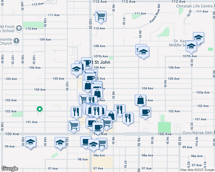 map of restaurants, bars, coffee shops, grocery stores, and more near 9816 104 Avenue in Fort Saint John