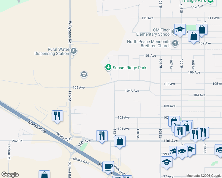 map of restaurants, bars, coffee shops, grocery stores, and more near 11203 105 Avenue in Fort St. John