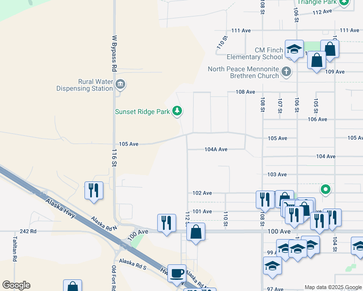 map of restaurants, bars, coffee shops, grocery stores, and more near 11203 105 Avenue in Fort St. John