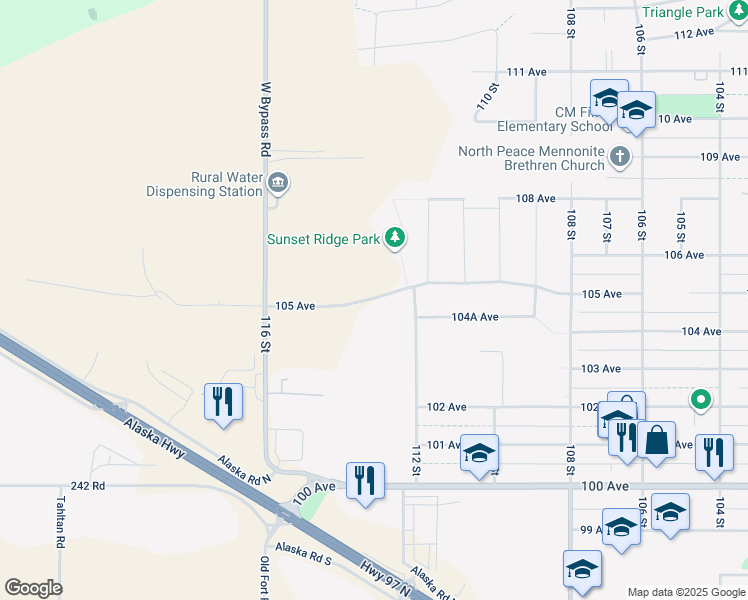 map of restaurants, bars, coffee shops, grocery stores, and more near 11203 105 Avenue in Fort St. John