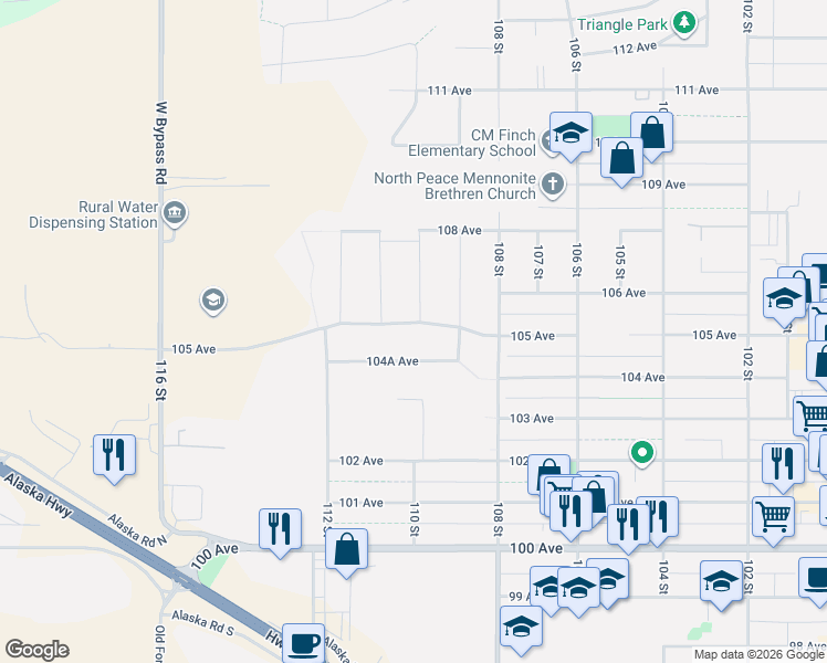 map of restaurants, bars, coffee shops, grocery stores, and more near 10915 105 Avenue in Fort St. John