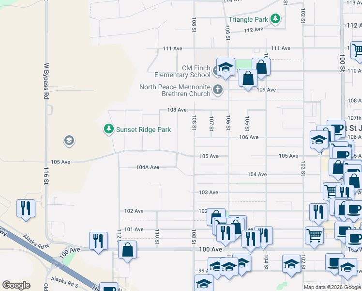 map of restaurants, bars, coffee shops, grocery stores, and more near 10507 109 Street in Fort St. John