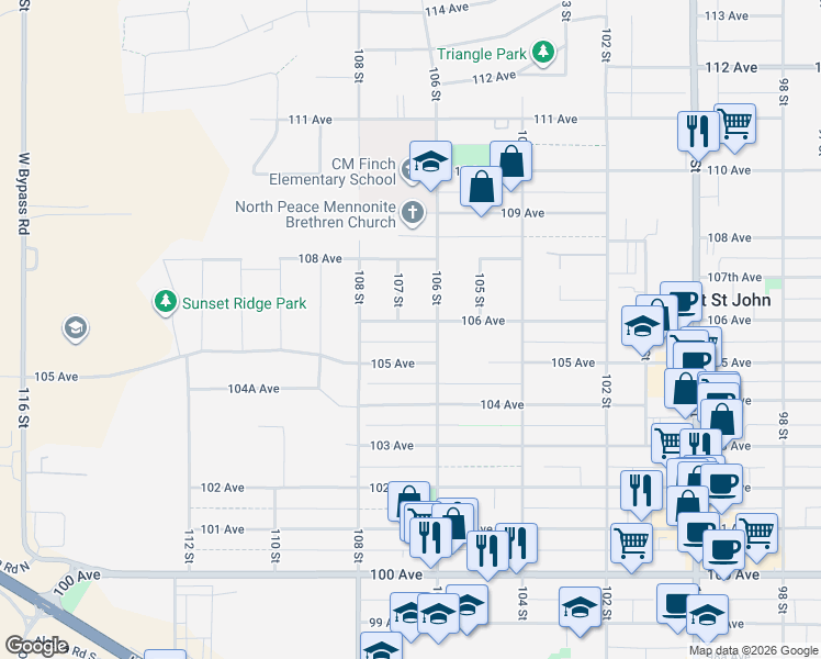 map of restaurants, bars, coffee shops, grocery stores, and more near 10611 106 Avenue in Fort St. John