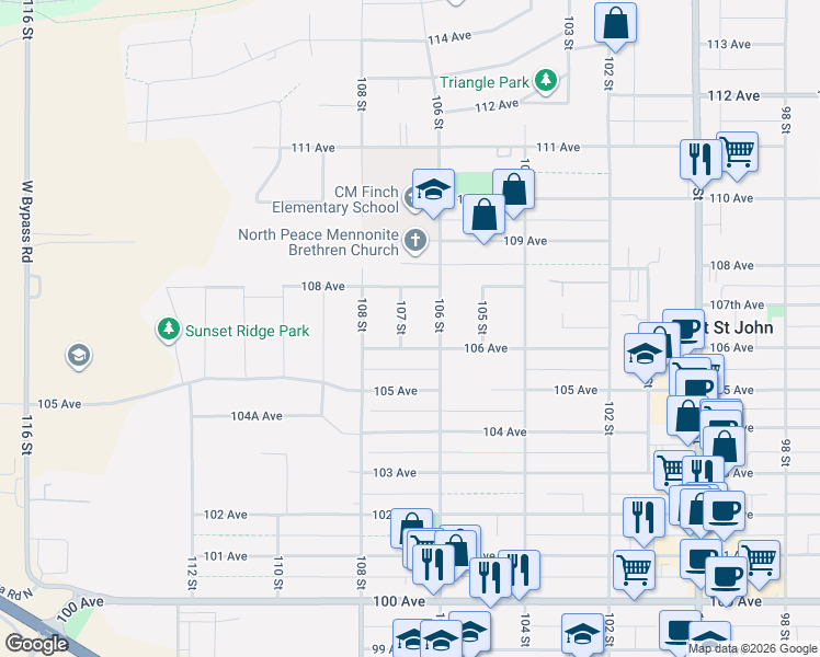 map of restaurants, bars, coffee shops, grocery stores, and more near 10607 107 Street in Fort St. John