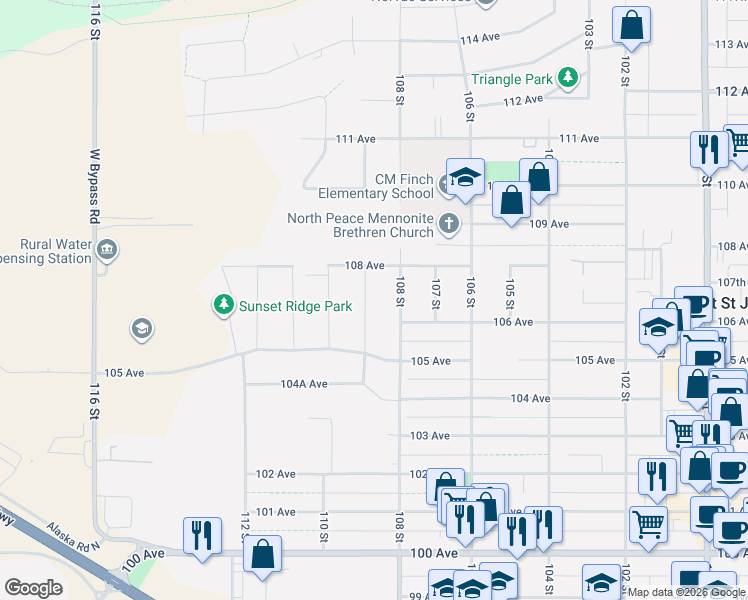 map of restaurants, bars, coffee shops, grocery stores, and more near 10611 109 Street in Fort St. John