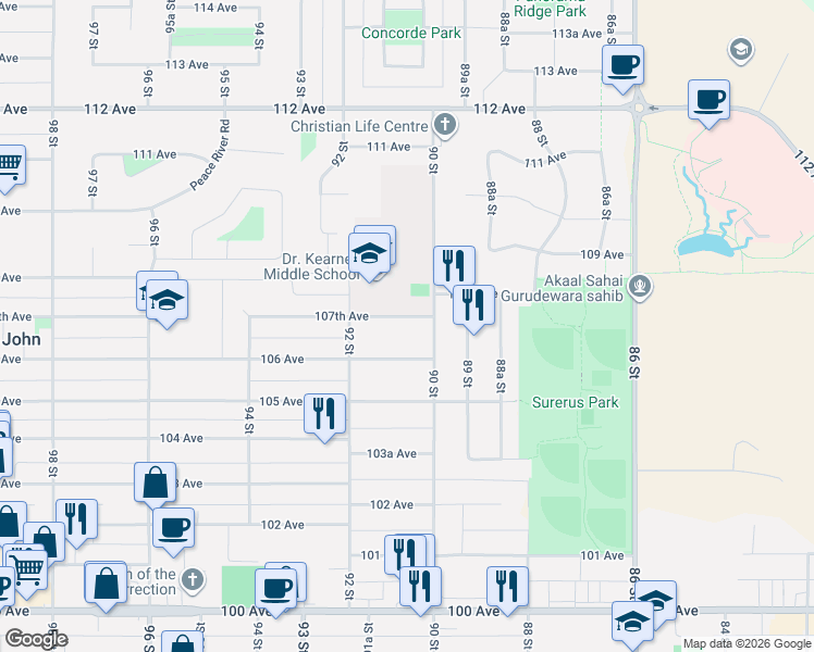 map of restaurants, bars, coffee shops, grocery stores, and more near 9011 107th Avenue in Fort St. John
