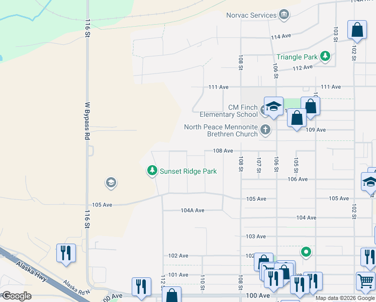 map of restaurants, bars, coffee shops, grocery stores, and more near 11008 108 Avenue in Fort St. John