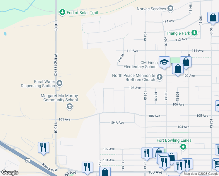 map of restaurants, bars, coffee shops, grocery stores, and more near 11108 108 Avenue in Fort St. John