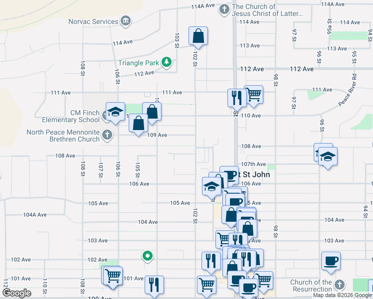 map of restaurants, bars, coffee shops, grocery stores, and more near 10856 102 Street in Fort St. John