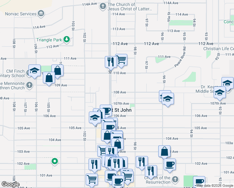 map of restaurants, bars, coffee shops, grocery stores, and more near 9915 108 Avenue in Fort Saint John