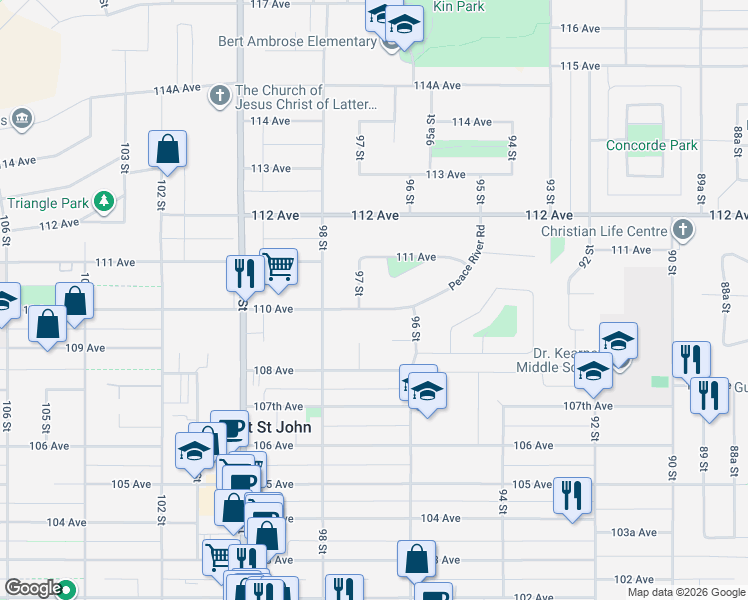 map of restaurants, bars, coffee shops, grocery stores, and more near 9616 Peace River Road in Fort St. John