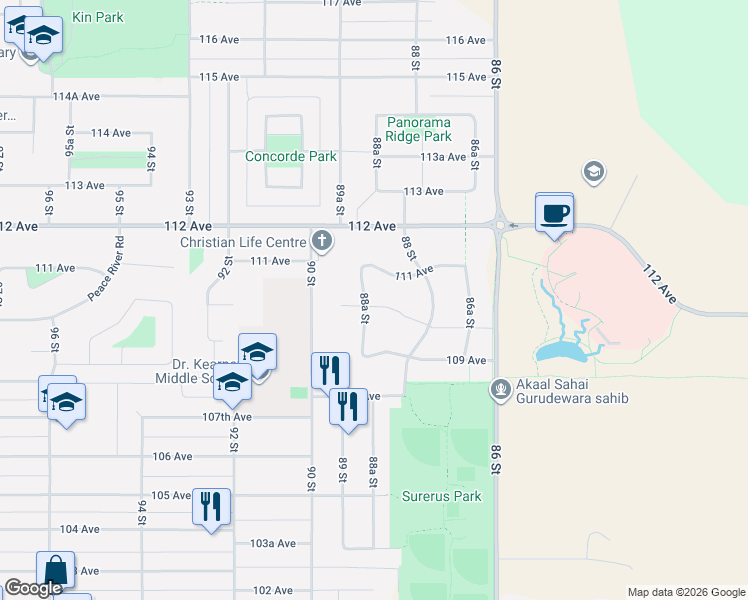 map of restaurants, bars, coffee shops, grocery stores, and more near 11007 88A Street in Fort St. John