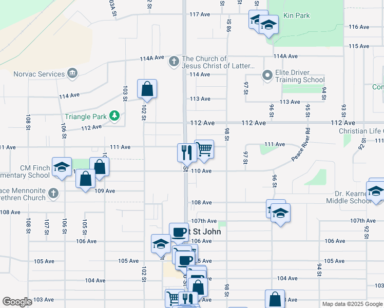 map of restaurants, bars, coffee shops, grocery stores, and more near 11015 100 Street in Fort St. John