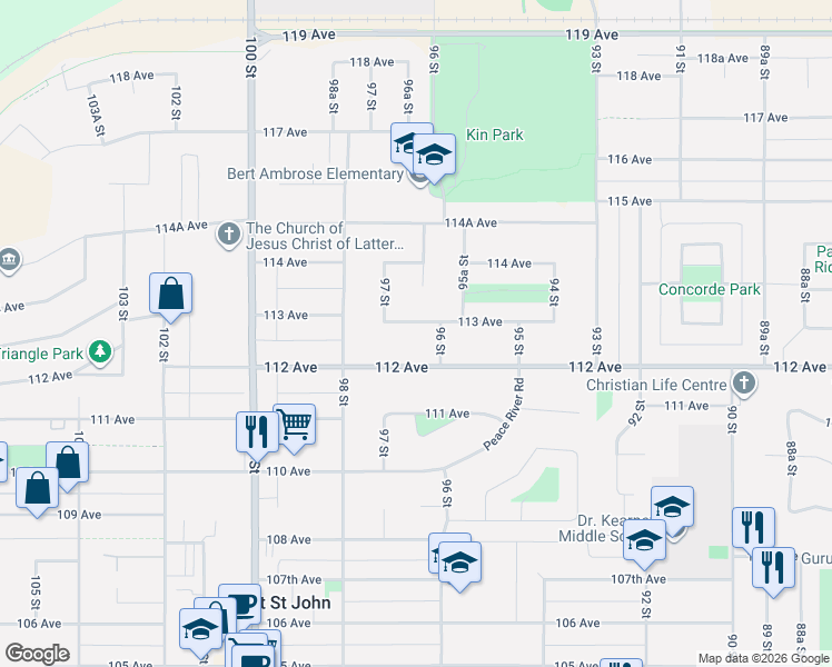 map of restaurants, bars, coffee shops, grocery stores, and more near 9611 113 Avenue in Fort St. John