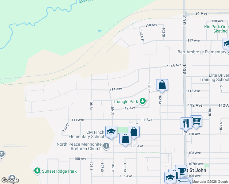 map of restaurants, bars, coffee shops, grocery stores, and more near 10515 114 Avenue in Fort St. John