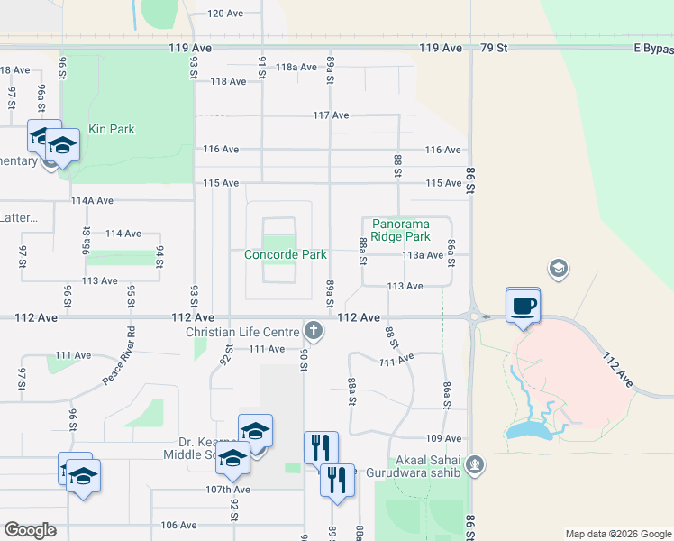 map of restaurants, bars, coffee shops, grocery stores, and more near 11309 89A Street in Fort St. John