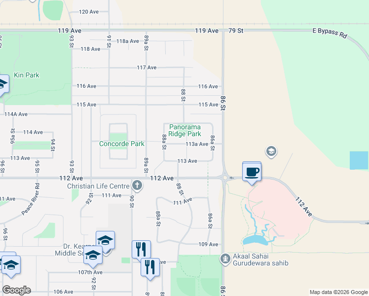 map of restaurants, bars, coffee shops, grocery stores, and more near 8727 113A Avenue in Fort St. John