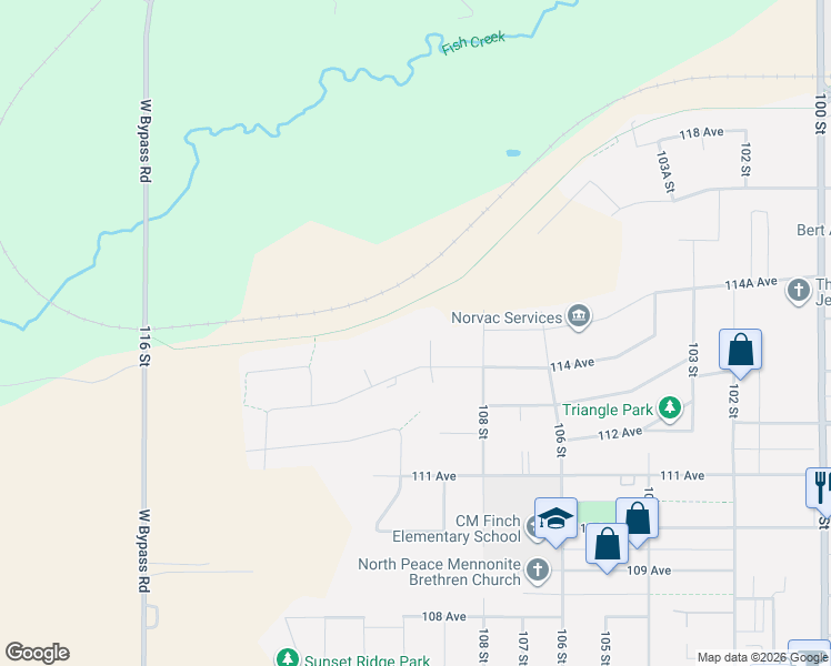 map of restaurants, bars, coffee shops, grocery stores, and more near 11412 109 Street in Fort St. John