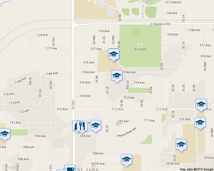 map of restaurants, bars, coffee shops, grocery stores, and more near 11332 97 Street in Fort St. John