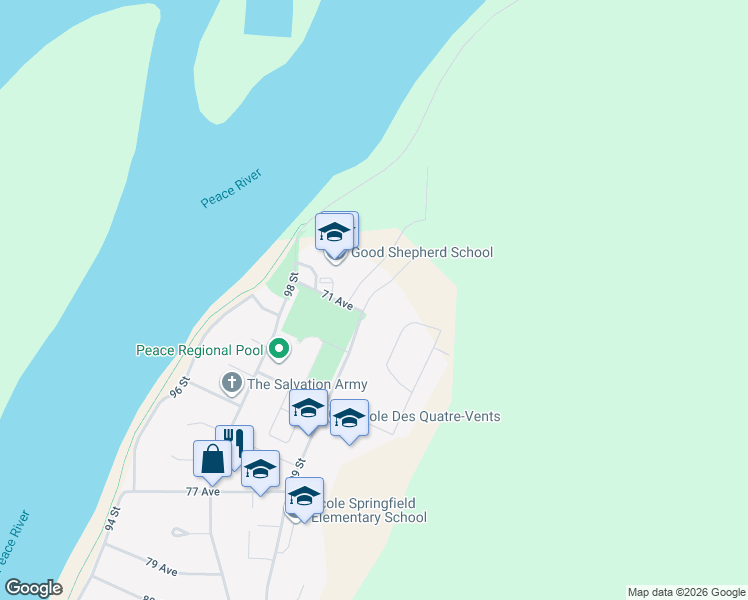 map of restaurants, bars, coffee shops, grocery stores, and more near 7001 99 Street in Peace River