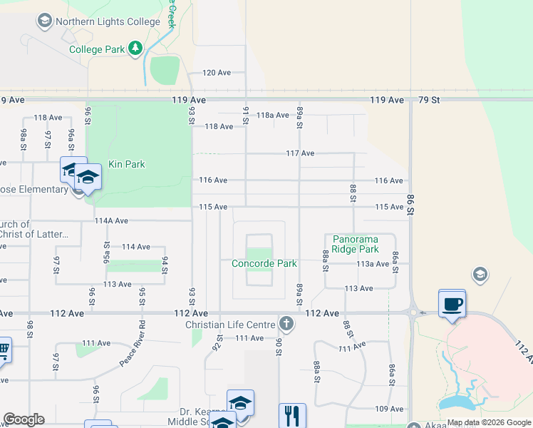 map of restaurants, bars, coffee shops, grocery stores, and more near 9003 115 Avenue in Fort St. John