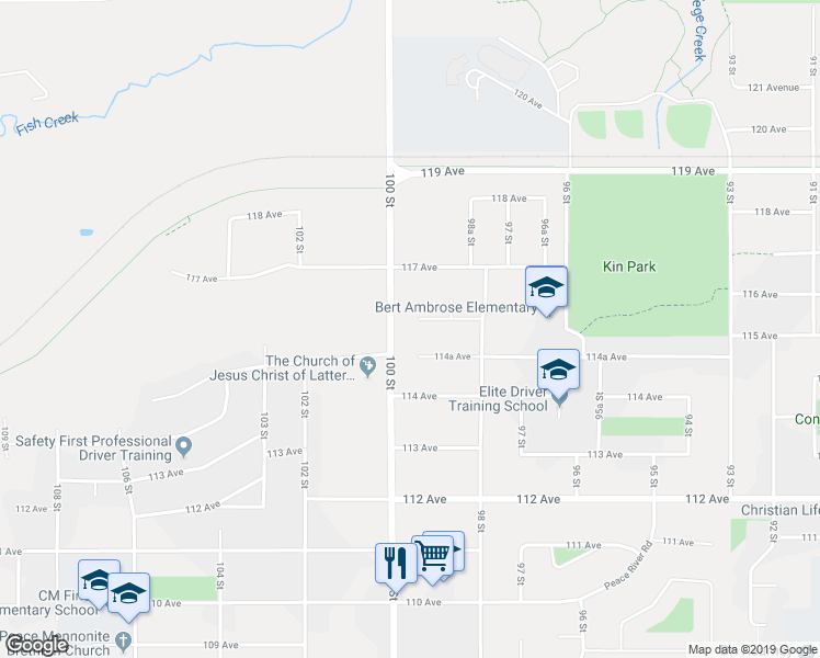 map of restaurants, bars, coffee shops, grocery stores, and more near 9917 115 Avenue in Fort St. John