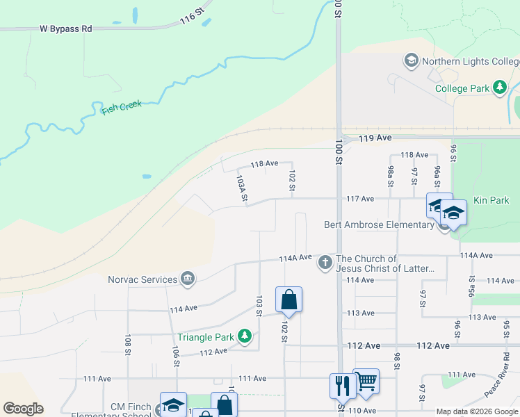 map of restaurants, bars, coffee shops, grocery stores, and more near 10303 117 Avenue in Fort St. John