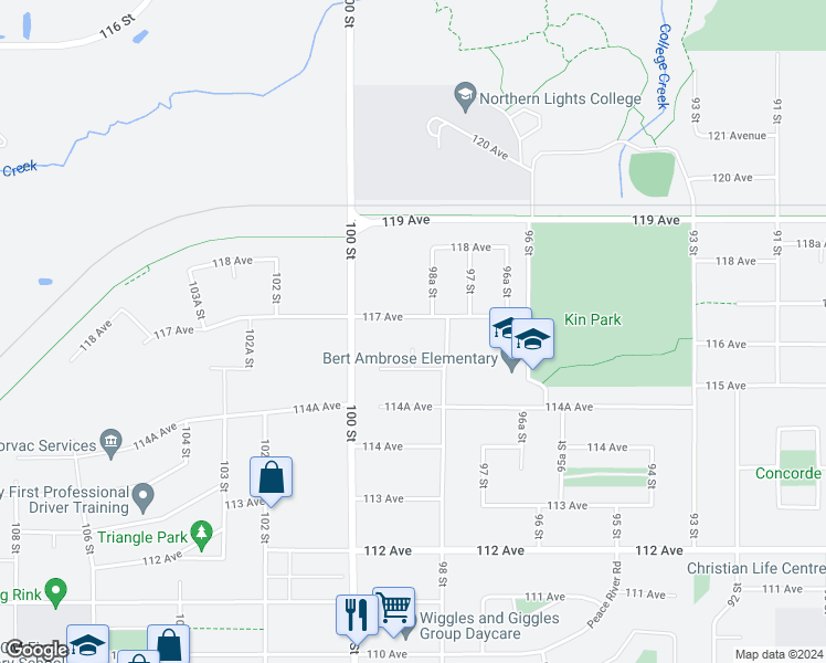 map of restaurants, bars, coffee shops, grocery stores, and more near 9815 117 Avenue in Fort Saint John