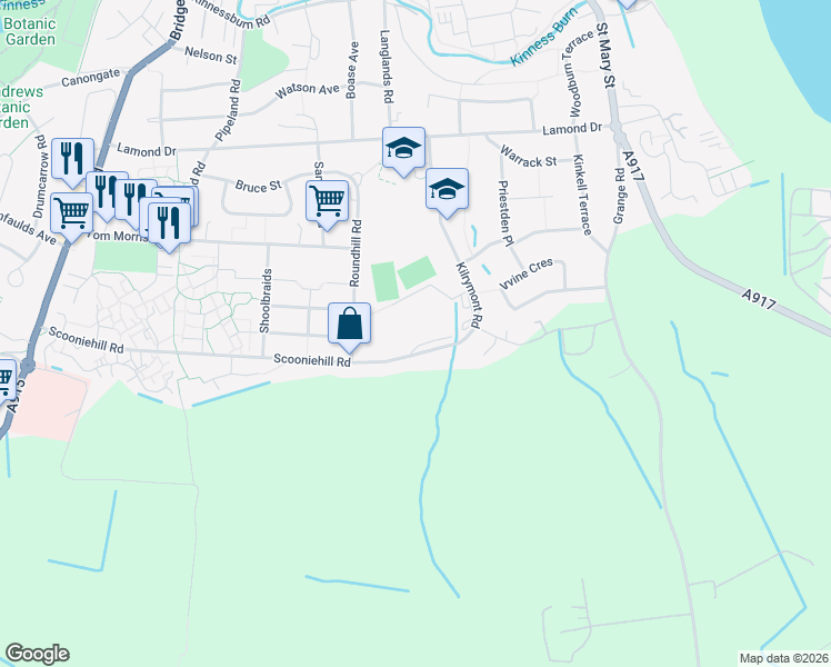 map of restaurants, bars, coffee shops, grocery stores, and more near Kilrymont Road in Fife