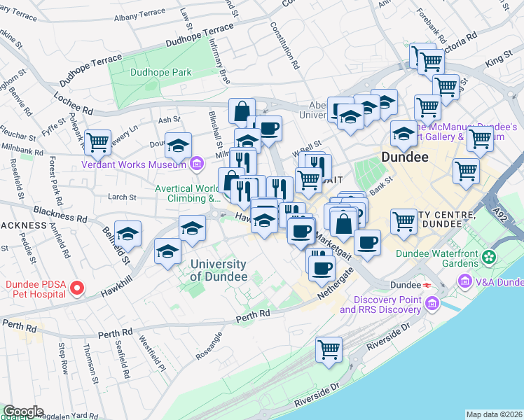 map of restaurants, bars, coffee shops, grocery stores, and more near Brown Street in Dundee City Council
