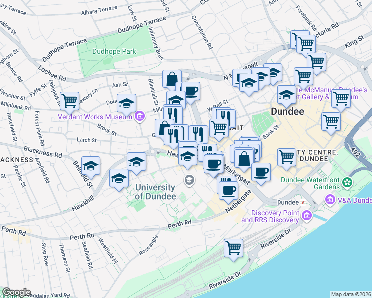 map of restaurants, bars, coffee shops, grocery stores, and more near Brown Street in Dundee City Council