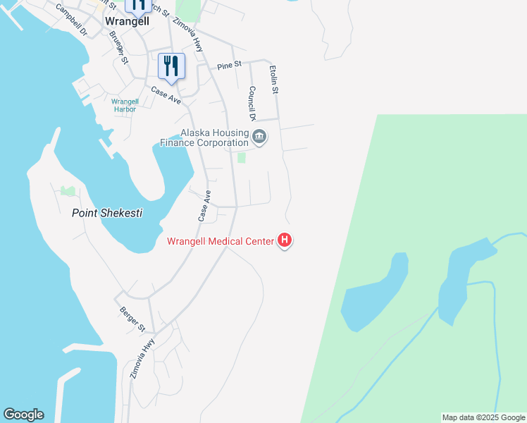 map of restaurants, bars, coffee shops, grocery stores, and more near 932 Ash Street in Wrangell