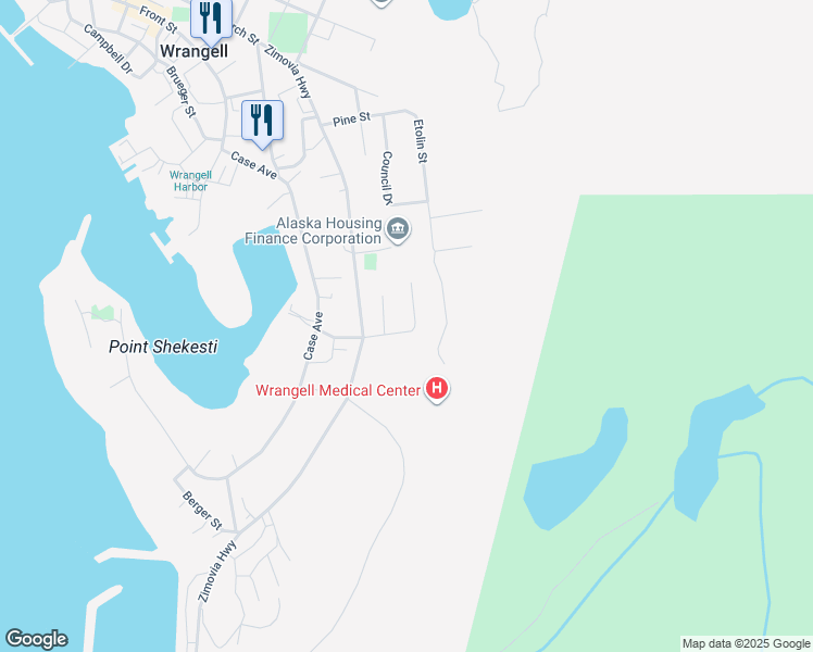 map of restaurants, bars, coffee shops, grocery stores, and more near 932 Ash Street in Wrangell
