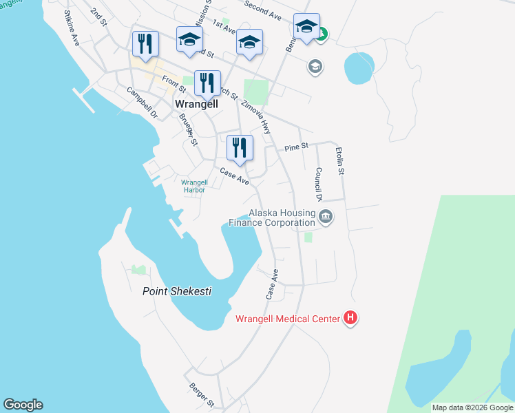 map of restaurants, bars, coffee shops, grocery stores, and more near Harbor Parking Drive in Wrangell