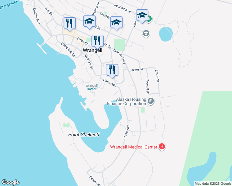map of restaurants, bars, coffee shops, grocery stores, and more near Harbor Parking Dr in Wrangell