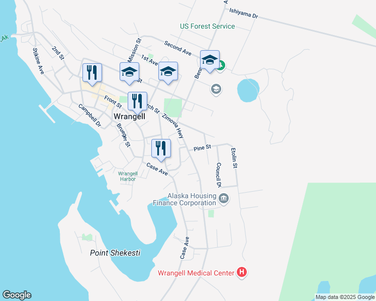 map of restaurants, bars, coffee shops, grocery stores, and more near 489 Zimovia Highway in Wrangell