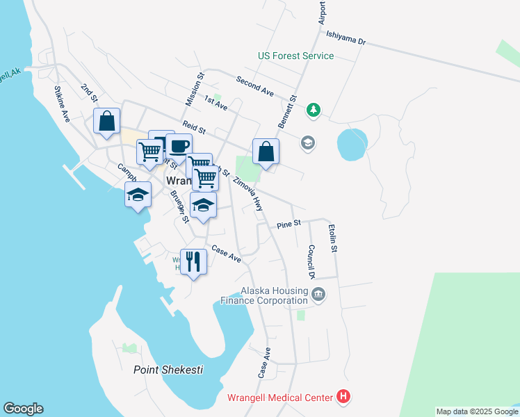 map of restaurants, bars, coffee shops, grocery stores, and more near 489 Zimovia Highway in Wrangell