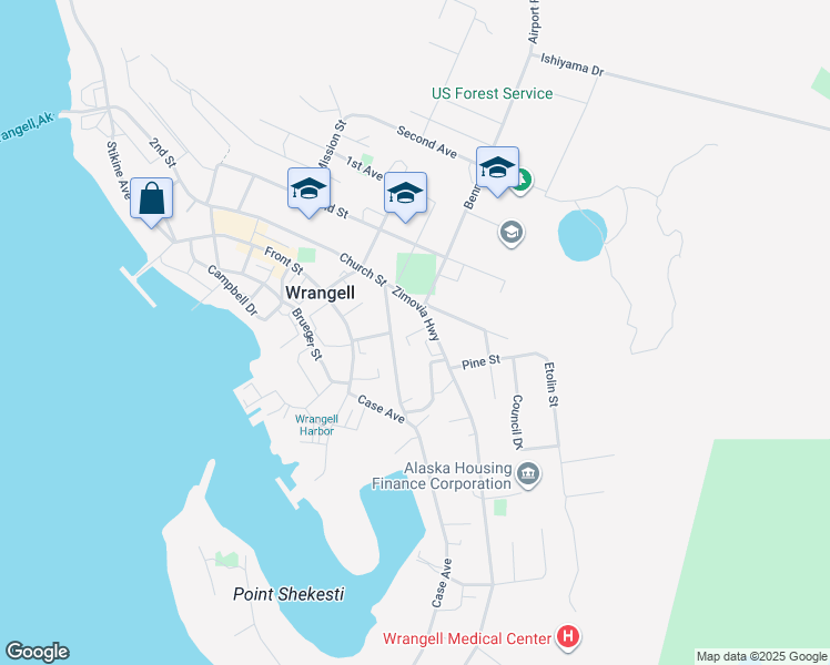 map of restaurants, bars, coffee shops, grocery stores, and more near 425 Zimovia Highway in Wrangell