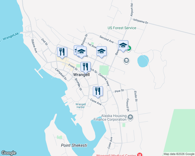 map of restaurants, bars, coffee shops, grocery stores, and more near in Wrangell