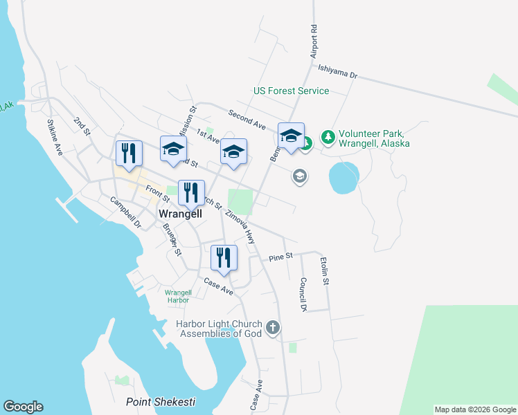map of restaurants, bars, coffee shops, grocery stores, and more near in Wrangell