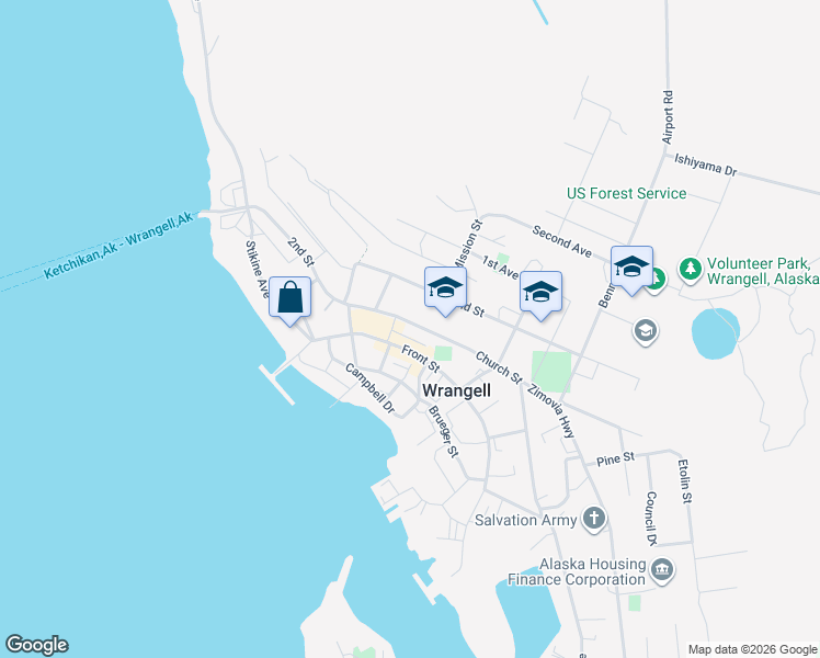 map of restaurants, bars, coffee shops, grocery stores, and more near 112-198 Cow Alley in Wrangell