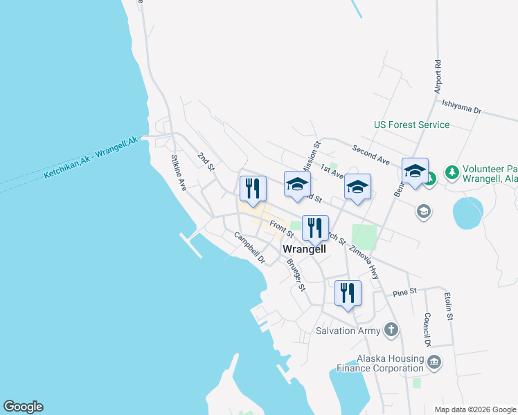 map of restaurants, bars, coffee shops, grocery stores, and more near 112-198 Cow Alley in Wrangell