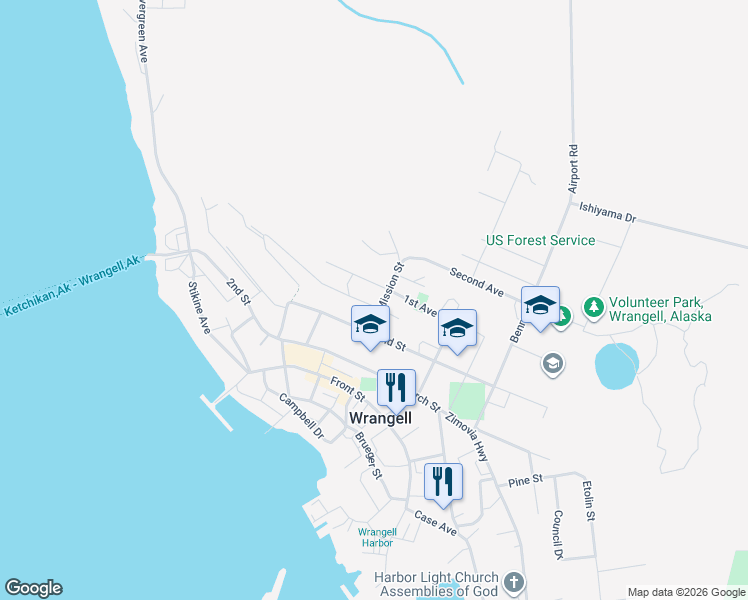 map of restaurants, bars, coffee shops, grocery stores, and more near 117-227 3rd Street in Wrangell
