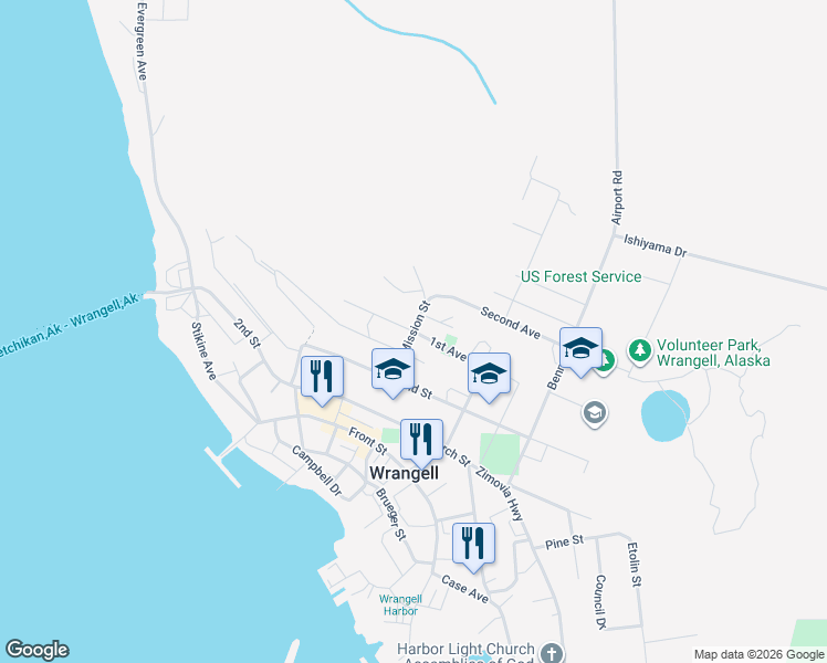 map of restaurants, bars, coffee shops, grocery stores, and more near 301 1st Avenue in Wrangell